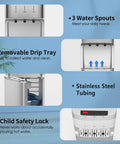Features of Self Cleaning Water Cooler Dispenser For Three To Five Gallon Bottles Bottom Load With Hot Cold And Room Temperature Water, Child Safety Lock, Empty Bottle Alert, White include 3 water spouts, removable drip tray, stainless steel tubing, and child safety lock.