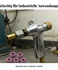 Heavy Duty Sandblasting Machine Handheld With Aluminum Alloy Build And Brass Hardware For Automotive Restoration, Surface Conditioning, Workshop Diy Jobs, Adjustable Style To 2 close-up of brass nozzle with aluminum body and abrasive media in workshop setting.