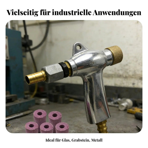 Heavy Duty Sandblasting Machine Handheld With Aluminum Alloy Build And Brass Hardware For Automotive Restoration, Surface Conditioning, Workshop Diy Jobs, Adjustable Style To 2 close-up of brass nozzle with aluminum body and abrasive media in workshop setting.