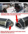 Aluminum Exhaust Muffler Slip-On with Removable dB Killer, shown installed on a motorcycle, highlighting exhaust output features.