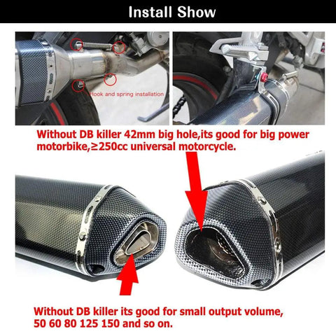 Aluminum Exhaust Muffler Slip-On with Removable dB Killer, shown installed on a motorcycle, highlighting exhaust output features.