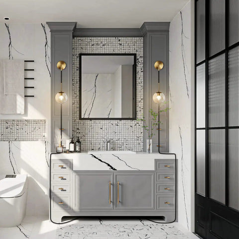 Bathroom interior with Plug In Wall Sconce Set Of 2 Modern Glass Globe Lights With Brushed Brass Finish, marble decor