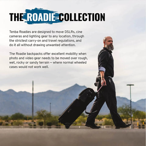 Man walking with Carry-On Roadie Backpack 22 For DSLR And Mirrorless Cameras, Lenses, And 17-Inch Laptop featuring travel camera bag