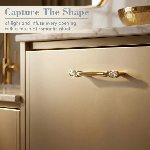 Gold crystal drawer pull with diamond ends on beige cabinet, 8 Pack Gold Crystal Drawer Pulls 3-3/4 Inch Hole Center 5 Inch Elegant Cabinet Pulls For Dresser And Cupboard Zinc Alloy Diamond Decorative Handles For Closet Vanity Upgrade shown.