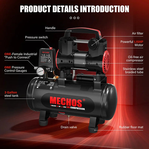 Portable 3 Gallon Oil Free Air Compressor With Steel Tank, 1.15 HP Max 116 PSI, 2.2 CFM For Tire Inflation Nail Gun Garage Home Use 110V Power Plug Durable And Easy To Store Lightweight Design