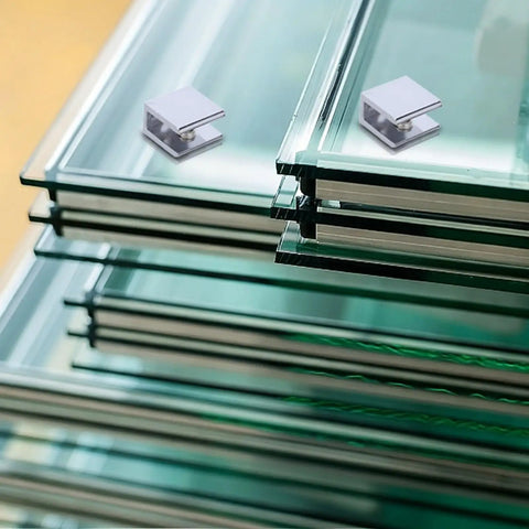 4-Pack Glass Shelf Support Clips For 8-10mm Shelves, Zinc Alloy Fixed-Thickness Mounting Clamps on stacked glass panels