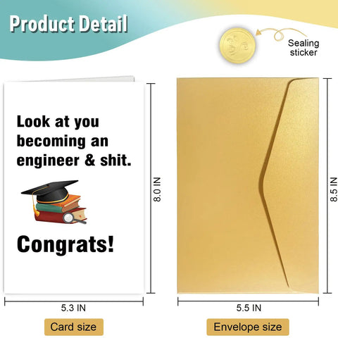 Funny Engineer Graduation Card For The New Grad With Blank Inside, 8x5.3 inch card with books and hat design next to gold envelope.