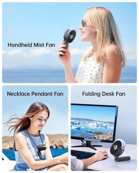 Misting Handheld Fan With 180 Degree Fold USB Rechargeable Personal Cooling Sprayer used outdoors and at desk.