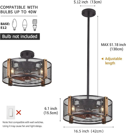 17 Inch Farmhouse Ceiling Fan With Lights Cage Style Bladeless Look Remote Control Reversible Motor diagram with dimensions