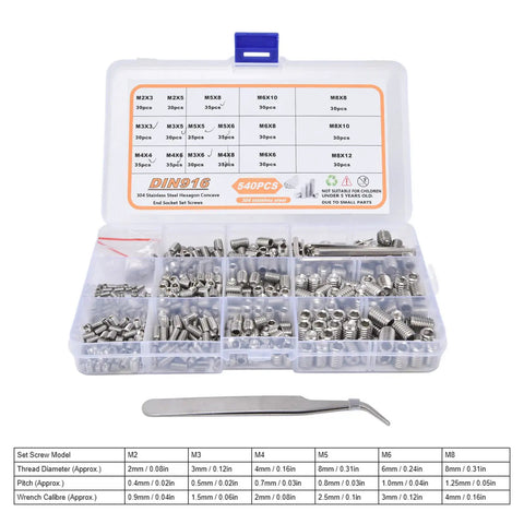 Top Notch 540Pc Grub Screw Assortment Kit Made From Premium 304 Stainless Steel Durable Rust Proof Set Screws With Secure Hold For Heavy Duty Jobs Super Easy To Find And Carry In Clear Storage Box open clear case with assorted 304 stainless steel grub screws and hex keys