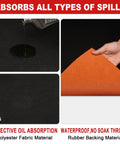 Oil Spill Mat For Garage Floor Absorbs Oil And Liquids With Waterproof Backing Keeps In Place Reusable Washable Heavy Duty 29 By 36 Inches Black And Orange To Protect Concrete From Stains shown with liquid absorption and materials.
