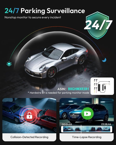 4K Front And Rear Dash Cam with 170 Degree Ultra Wide View showcasing 24/7 parking surveillance with collision detection and recording