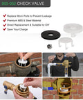 Front view of check valve repair kit 1-1/4 in; white plastic insert, black gasket, white spacers, screw.