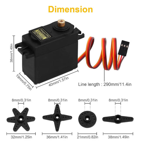 Image showing dimensions of Four Pack Beefy 55G Metal Gear Micro Servo Motors For RC Cars Robots Helicopters with various attachments