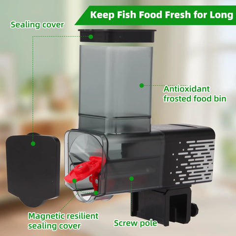 AWUAWU Automatic Fish Feeder With 17 Oz Large Capacity For Indoor Aquariums Featuring Reliable Screw Push Dispensing Mechanism And Interchangeable Nozzles To Effortlessly Handle Pellets Flakes And Powder Food While Keeping Freshness Locked In Securely