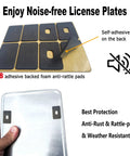 Lock Your Plates Down Tight With These Sleek Black License Plate Screws Featuring Tamper Proof Anti Theft Design Made From Sturdy One Quarter Inch Stainless Steel For Quick Install And Heavy Shield Against Highway Hooligans And Dust - image showing adhesive-backed foam anti-rattle pads for license plates.