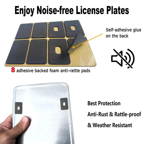 Lock Your Plates Down Tight With These Sleek Black License Plate Screws Featuring Tamper Proof Anti Theft Design Made From Sturdy One Quarter Inch Stainless Steel For Quick Install And Heavy Shield Against Highway Hooligans And Dust - image showing adhesive-backed foam anti-rattle pads for license plates.
