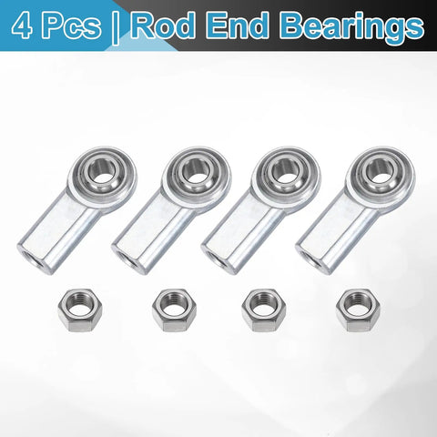 Set Of Four CF6 Rod End Bearings 3/8 Inch Bore 3/8-24 Right Hand Female Thread Self Lubricating Joint With Jam Nuts Chrome Steel Built Tough For Heavy Duty Load Handling And Smooth Pivot, four bearings and jam nuts shown