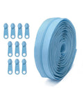 Complete 4.5 Meter Nylon Zipper Repair Kit With 10 Matching Plastic Pulls For Size 3 Zip Tape In Sky Blue Perfect For Apparel Textile Luggage DIY Sewing And Craft Projects.