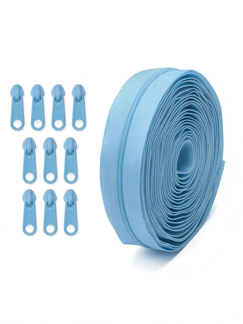 Complete 4.5 Meter Nylon Zipper Repair Kit With 10 Matching Plastic Pulls For Size 3 Zip Tape In Sky Blue Perfect For Apparel Textile Luggage DIY Sewing And Craft Projects.