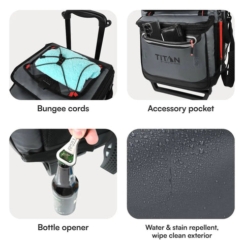 Close-up of Titan Collapsible Wheeled Soft Sided Cooler With Detachable Rolling Cart, showing bungee cords, accessory pocket, bottle opener, and water-resistant exterior