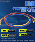 Elyaspedy 22985 Plus II refrigerant hose set, 3×6-ft hoses in red/blue/yellow with brass fittings, 800 PSI max