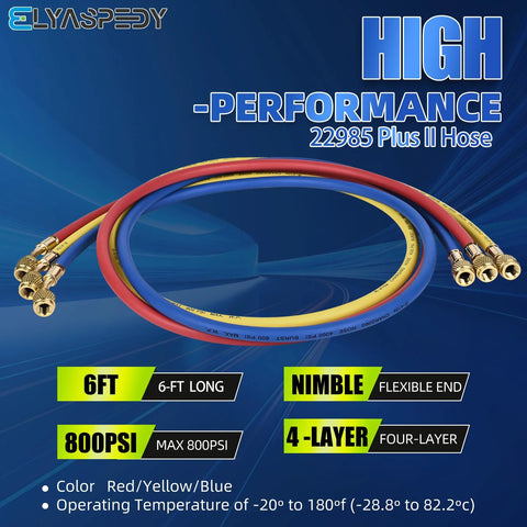 Elyaspedy 22985 Plus II refrigerant hose set, 3×6-ft hoses in red/blue/yellow with brass fittings, 800 PSI max