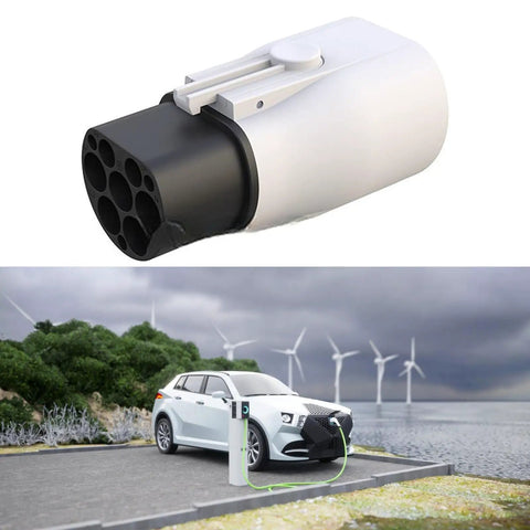 Heavy Duty Type Two To Type One Electric Charger Adapter SAE J1772 Converter with splash proof housing, close-up view.