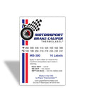 Motorsport brake caliper thermometer labels MB-380, 16 labels on white card with blue and red stripes