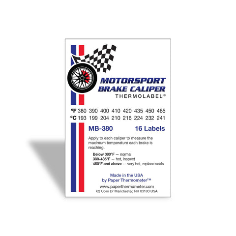 Motorsport brake caliper thermometer labels MB-380, 16 labels on white card with blue and red stripes