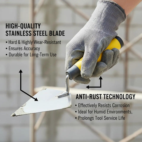 Close-up of a hand holding a trowel from 5 Piece Masonry Hand Tool Set With Brick Trowel Pointing Trowels Margin Trowel And Tuck Pointing Tool.