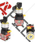 22mm Key Switch 440V 10A 2NO 3 Position Momentary with Aluminum Head, Four Terminal, Silver Contacts, Ideal for Auto and Bike Mods and Control Electronics, shown from multiple angles