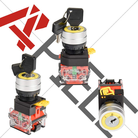 22mm Key Switch 440V 10A 2NO 3 Position Momentary with Aluminum Head, Four Terminal, Silver Contacts, Ideal for Auto and Bike Mods and Control Electronics, shown from multiple angles