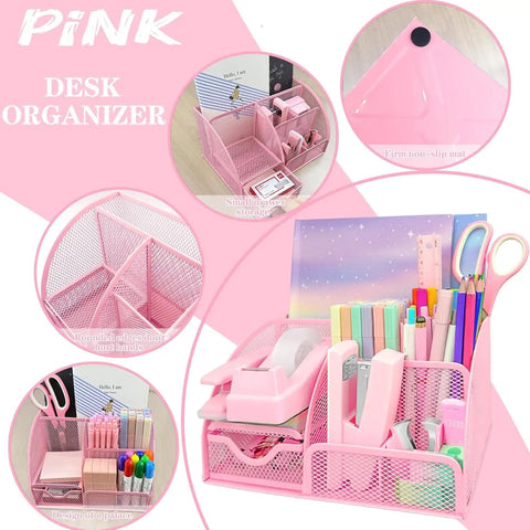 Pink desk organizer with scissors, pens, sticky notes, and tape dispenser, highlighting rounded edges and small drawer storage