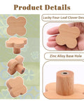 Top Shelf Four Leaf Wooden Drawer Knobs Pack Of Twelve Heavy Duty Natural Beech Wood Cabinet Pulls With Screws showing clover design and zinc alloy base.