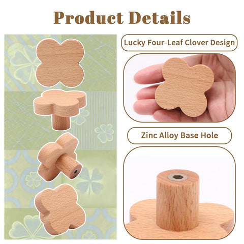 Top Shelf Four Leaf Wooden Drawer Knobs Pack Of Twelve Heavy Duty Natural Beech Wood Cabinet Pulls With Screws showing clover design and zinc alloy base.