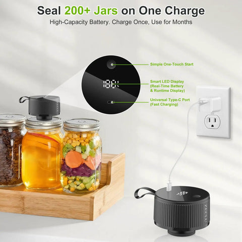 One Touch Auto Seal Mason Jar Vacuum Sealer Kit For Wide And Regular Mouth Jars with smart LED display and charging feature