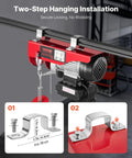 Front view of red VEVOR electric hoist with wireless remote, 110V, 440 lb capacity, mounted on steel I-beam.