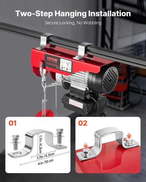 Front view of red VEVOR electric hoist with wireless remote, 110V, 440 lb capacity, mounted on steel I-beam.