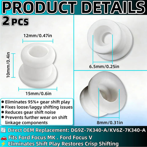 Ford Shift Cable Bushing Repair Kit 2 Pack Fits Focus MK Edge Escape Explorer Fusion Drop-In OEM Replacement For DG9Z-7K340-A KV6Z-7K340-A Durable Wear Resistant Bushings Easy Install Restore Smooth Shifts dimensions shown