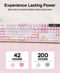Full Size Mechanical Keyboard With Smart Screen And Media Knob For Rgb Backlit Gaming Setups Featuring Tight Switches And Streamer Ready Layout To Totally Level Up Your Ultimate Desk Setup on a pink surface with battery life details.