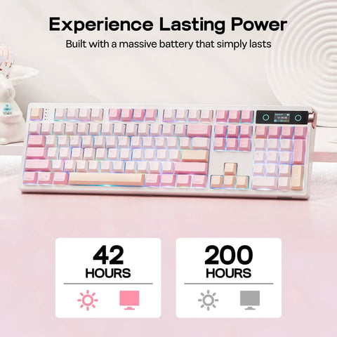 Full Size Mechanical Keyboard With Smart Screen And Media Knob For Rgb Backlit Gaming Setups Featuring Tight Switches And Streamer Ready Layout To Totally Level Up Your Ultimate Desk Setup on a pink surface with battery life details.