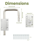 Dimensions of 4 Inch Sliding Door Loop Lock With 90/180 Degree Install, U-Bolt Security Latch shown with screws and size measurements.