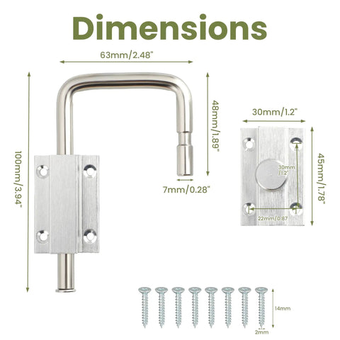 Dimensions of 4 Inch Sliding Door Loop Lock With 90/180 Degree Install, U-Bolt Security Latch shown with screws and size measurements.