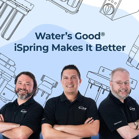 Three men in black polos standing in front of a graphic background with plumbing diagrams and brand slogan.