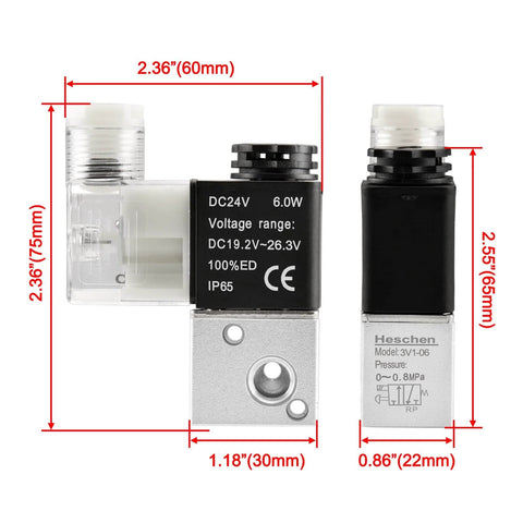 Electrical Pneumatic Solenoid Valve 3V1-06 With 24VDC Coil, PT1/8 Inch Port, front and side view, measurement details visible