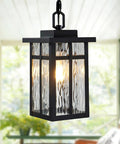 Top Shelf Black Outdoor Pendant Light For Porch With Water Ripple Glass Panels And Sleek Square Metal Frame Weatherproof Exterior Hanging Lantern Real Deal Farmhouse Glow Quick Setup with illuminated glass panels