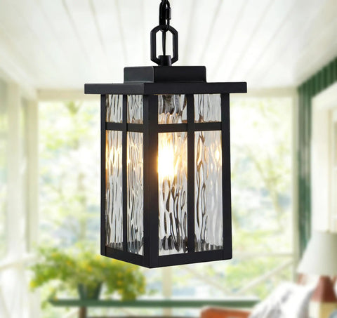 Top Shelf Black Outdoor Pendant Light For Porch With Water Ripple Glass Panels And Sleek Square Metal Frame Weatherproof Exterior Hanging Lantern Real Deal Farmhouse Glow Quick Setup with illuminated glass panels