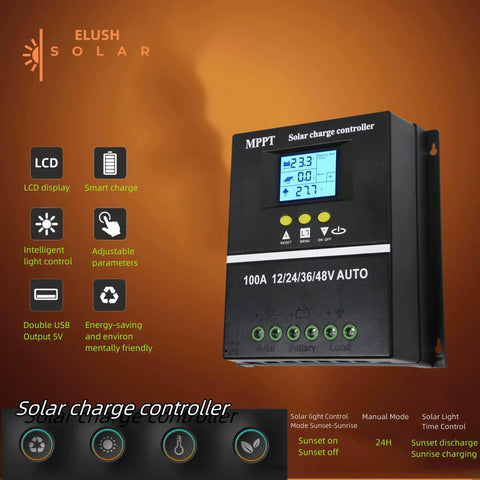 100A MPPT Solar Charge Controller With LCD Display Auto Detects 12V 24V 36V 48V For Lead Acid And Lithium Batteries Dual USB 5V Output Max 100V Input Battery Intelligent Regulator For Off Grid RV Boat Home Solar Systems