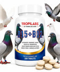 Pigeon Vitamin Supplement With B12 And B15 For Energy Boost And Endurance, 100 Tablets bottle with pigeons around it